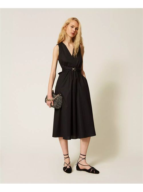 Abito longuette in popeline con cintura logo